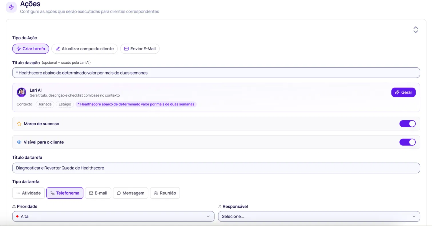 Configuração de ação automática na SoftCS: criar tarefa a partir de queda de health score, com título gerado pela Lari AI, tipo telefonema e prioridade alta