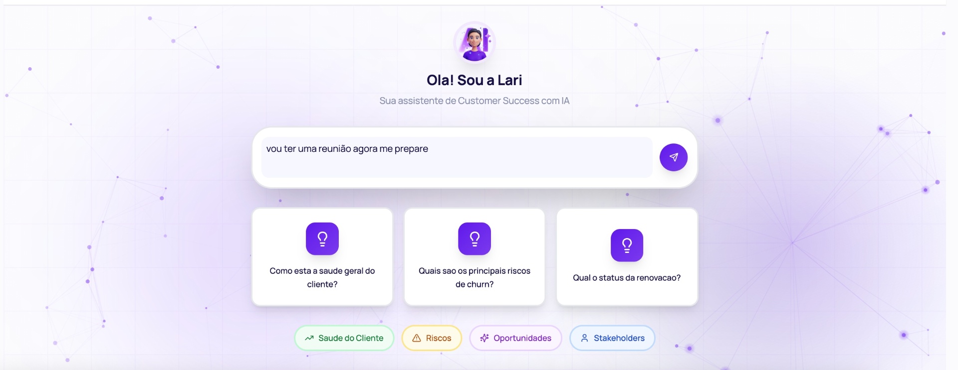 Tela inicial do chat com a Lari AI para preparação de reunião