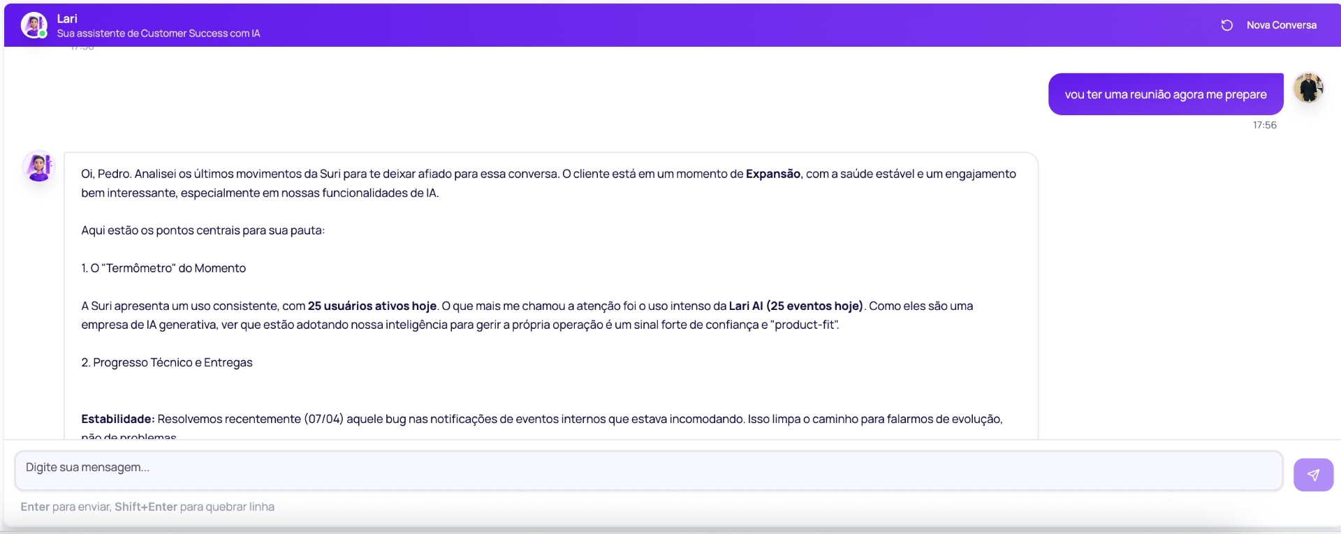 Resposta completa da Lari AI com preparação de reunião baseada em visão 360