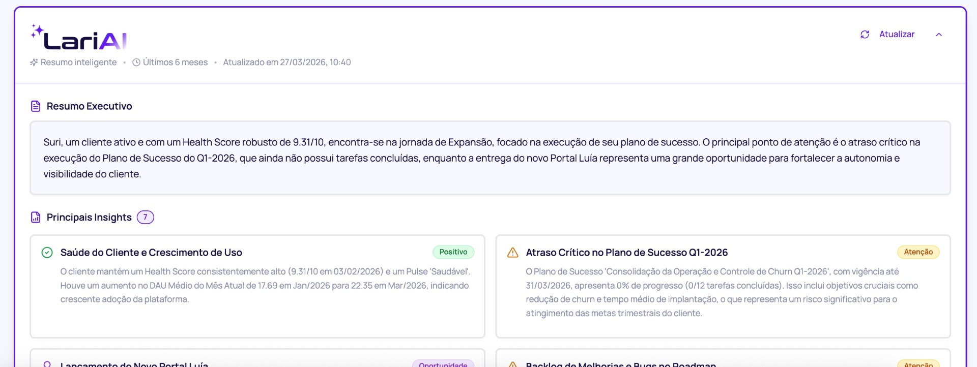 Resumo executivo gerado pela Lari AI com visão 360 da conta