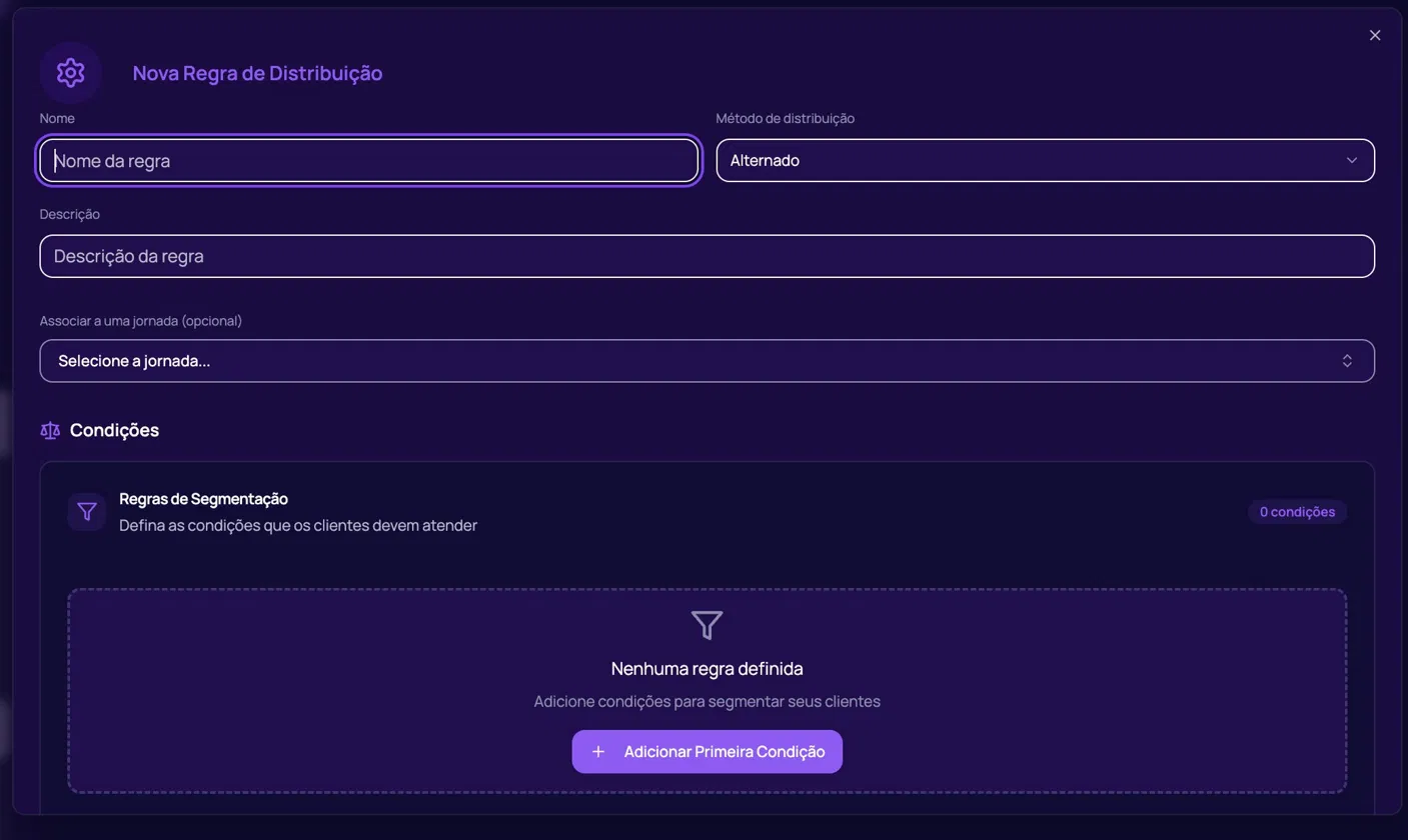 Modal Nova Regra de Distribuição na SoftCS com campos de nome, método de distribuição (alternado), descrição, associação de jornada e Regras de Segmentação com condições