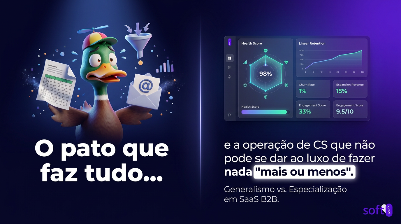 Ilustração comparando ferramenta generalista com plataforma especializada em Customer Success